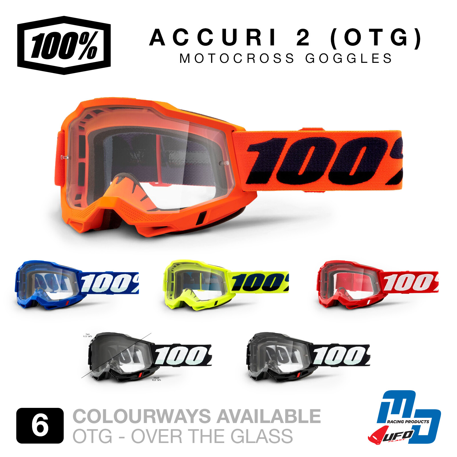 100% Accuri 2 OTG Goggles Motocross MX MTB Quad Goggles 100 Percent OTG Goggles