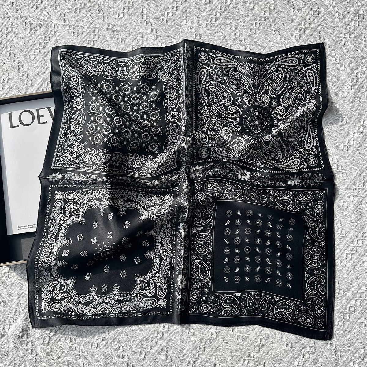 100% Silk Scarf Women Vintage Black Paisley Kerchief Square Bandana Wrap 68*68cm