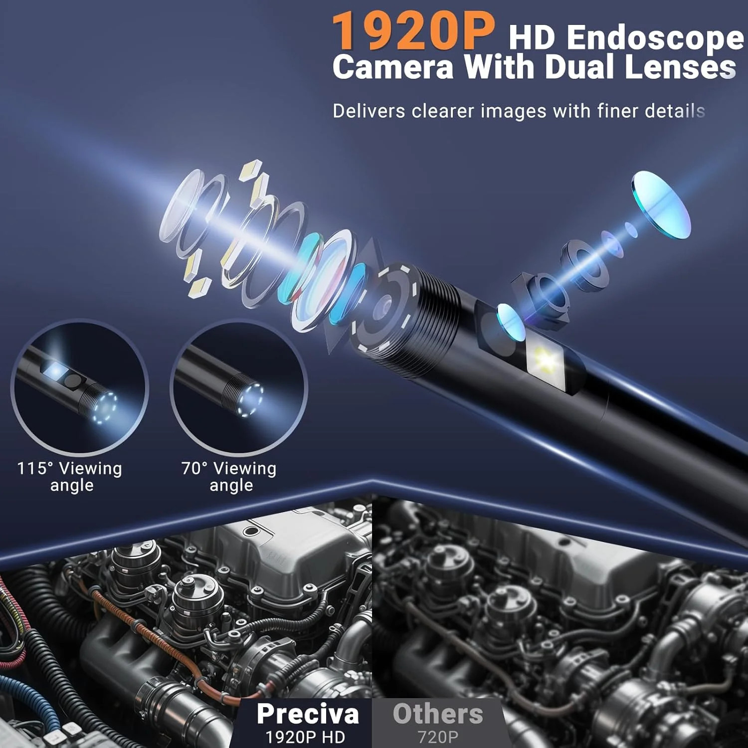 Preciva Endoscope Camera with Dual Lenses, 1920P HD Borescope Camera with 8 Adju