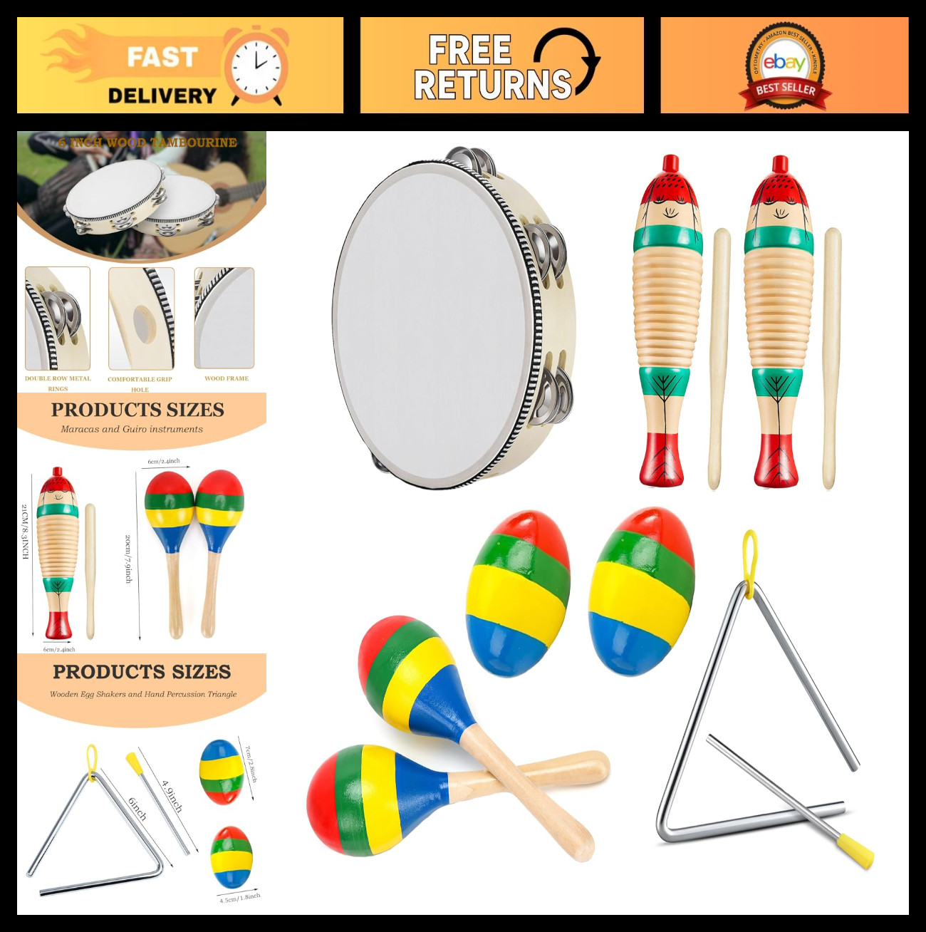 6" Wooden Tambourine & Guiro Fish, Colorful Maracas, Egg Shakers, Steel Triangle