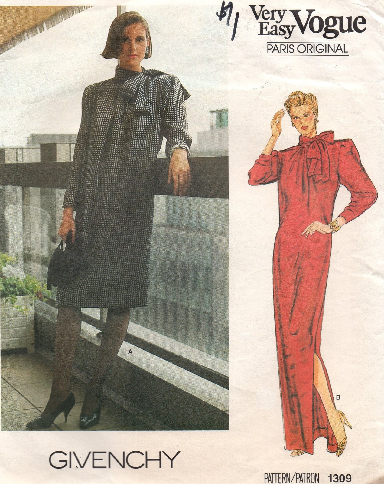 Vogue Sewing Pattern 1309 sz 8 Givenchy Evening Dress or knee length, Tie-Collar