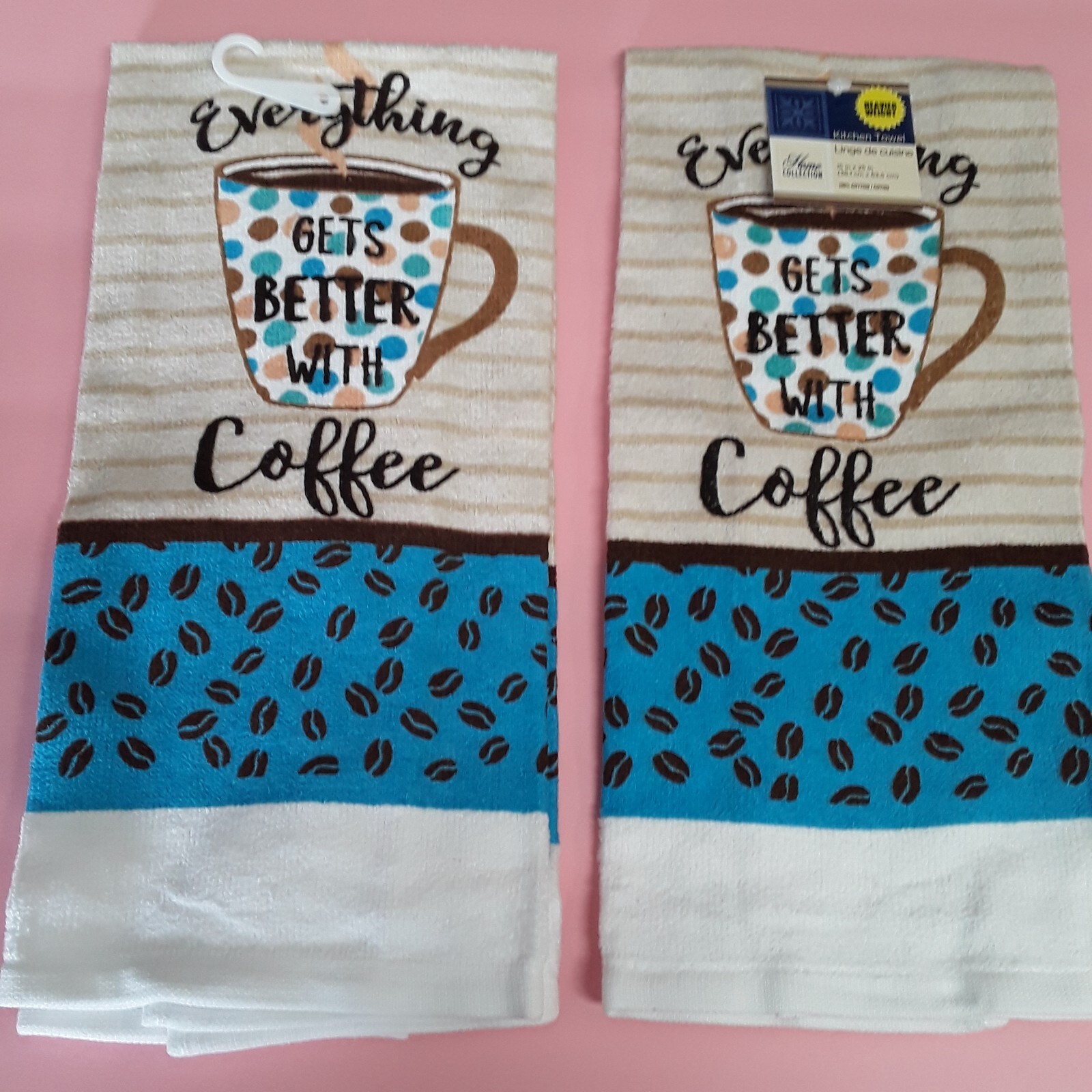 2 Everything Goes Better With Coffee Dish Towels. Free Pot Holder with Every Set