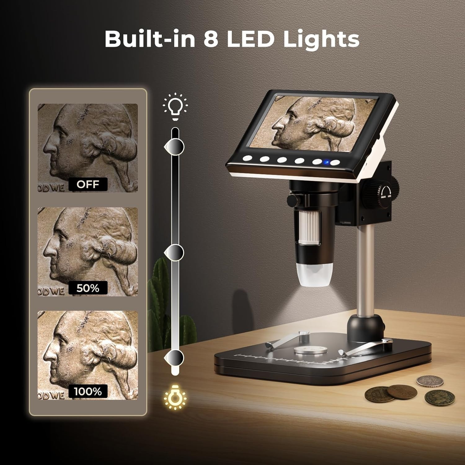 4.3'' IPS Coin Microscope 1000X Magnification Digital 8 LED Windows TF Card