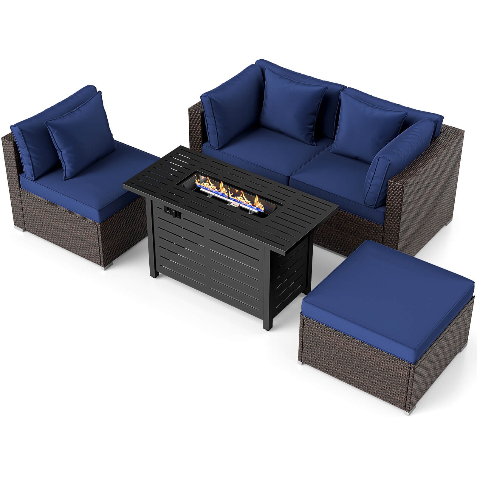 5 PCS Patio Furniture Set Heavy-duty Frame Rattan Sofa Set w/ 60,000 BTU
