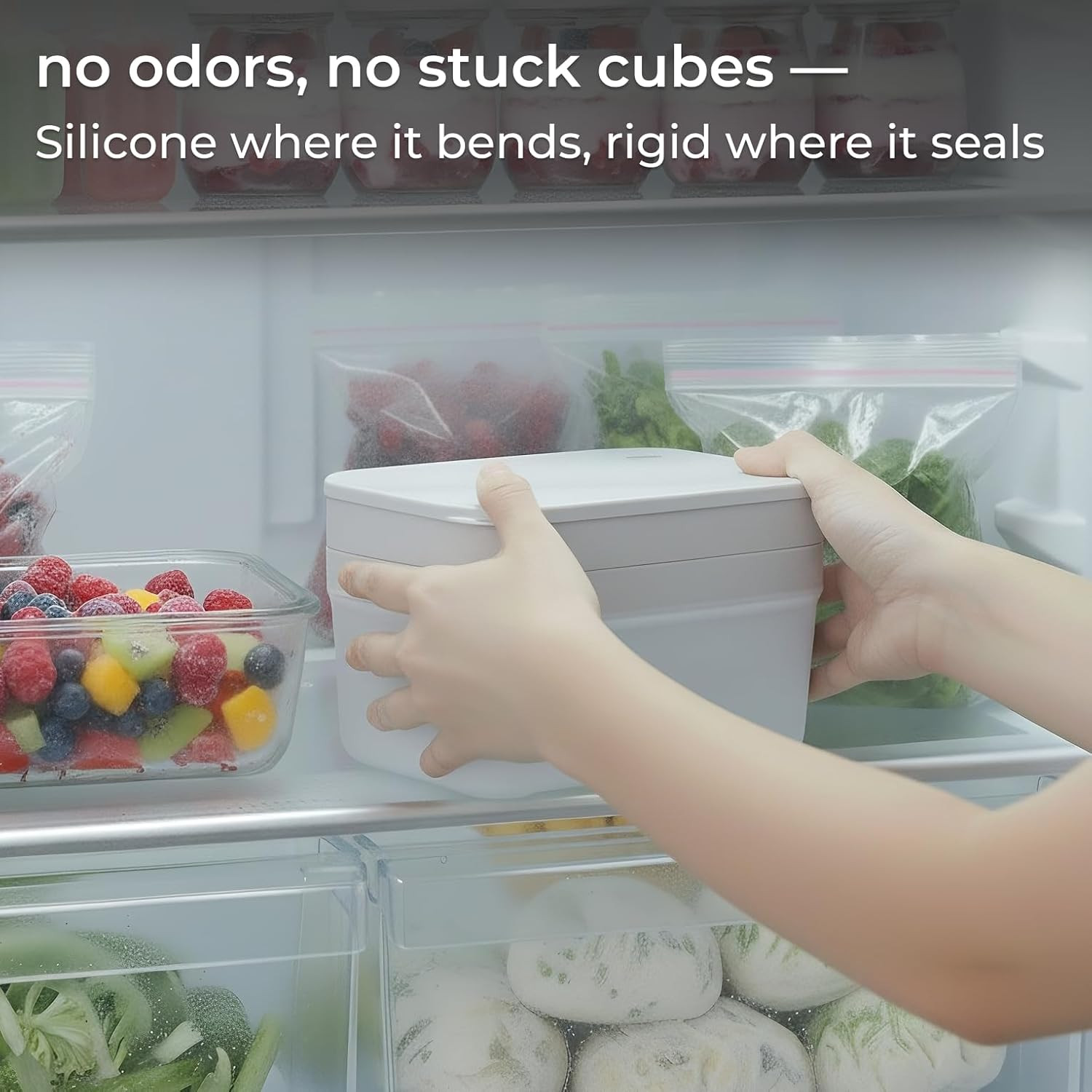 Ice Cube Tray Set with Lid & Bin, 2 Silicone Trays (32-Cube Each, 64 Total), Eas