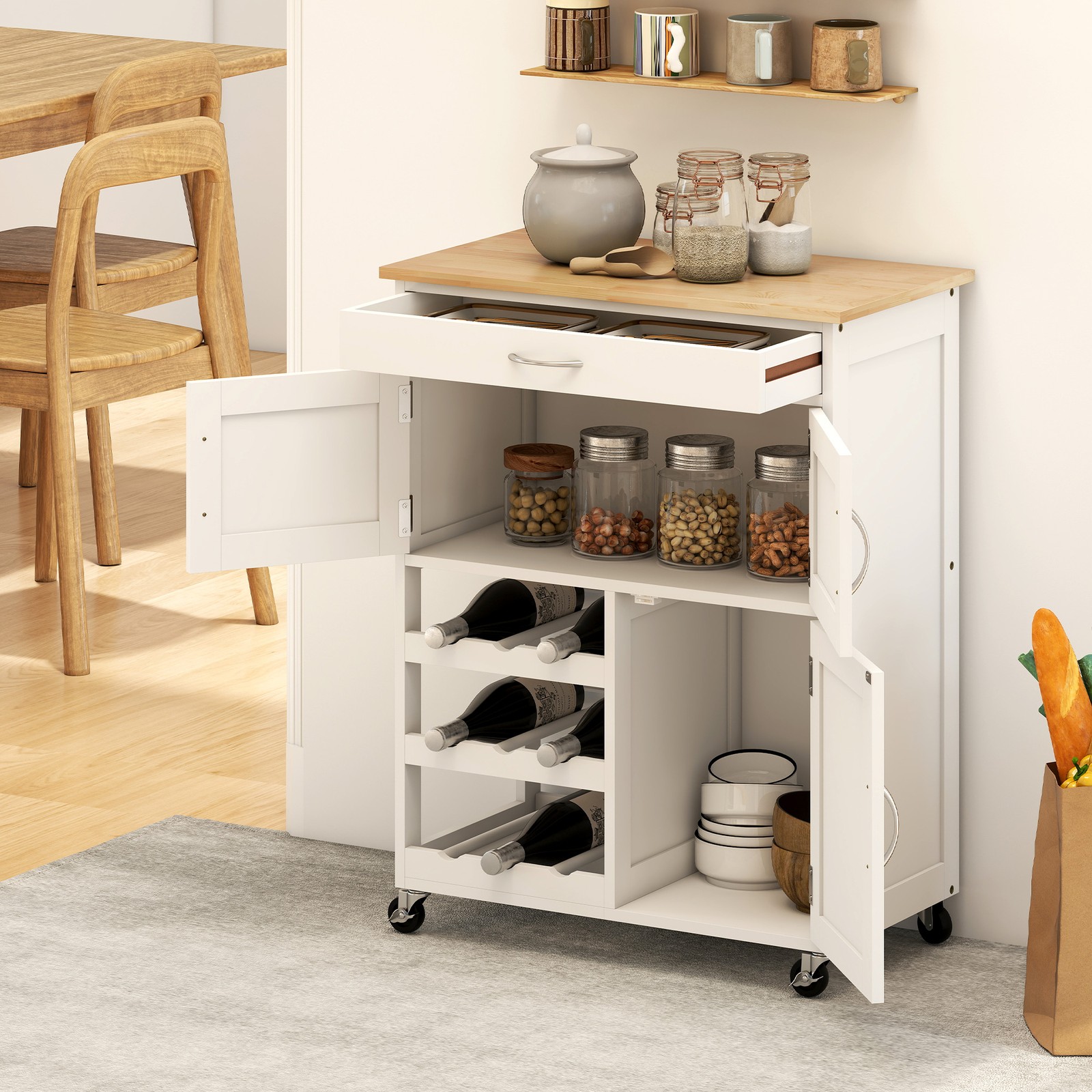Bar Cart Rolling Kitchen Island on Wheels with Wine Rack