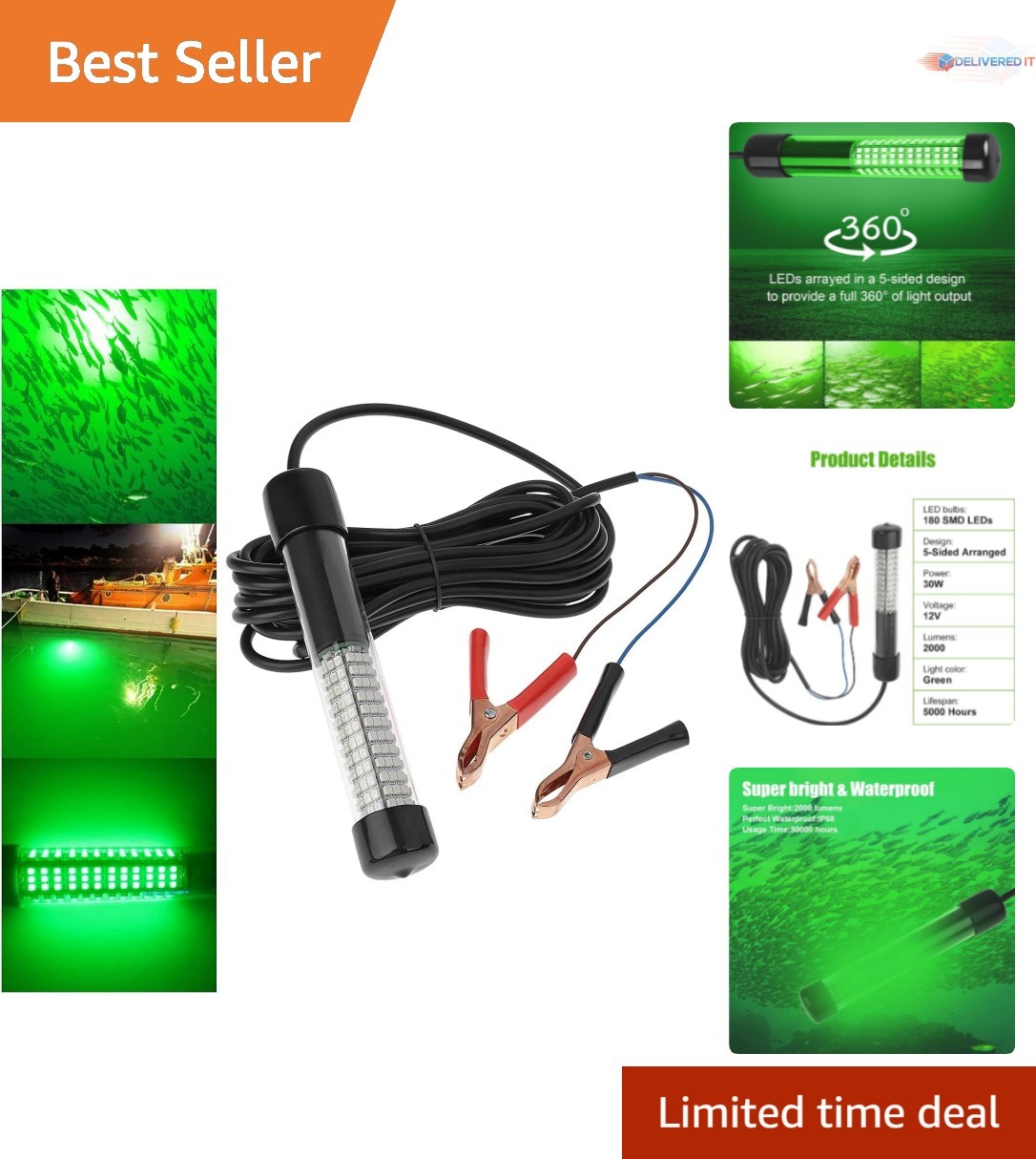 12V Submersible Fishing Light Green LED Underwater Lamp 2000LM for Night Fishing