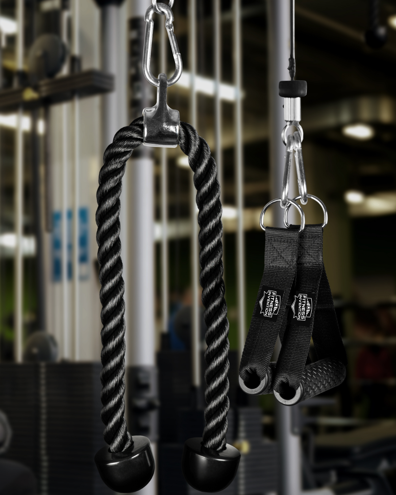 Tricep Rope Cable Attachment with 2 Exercise Handles + 3 Carabiner Clips