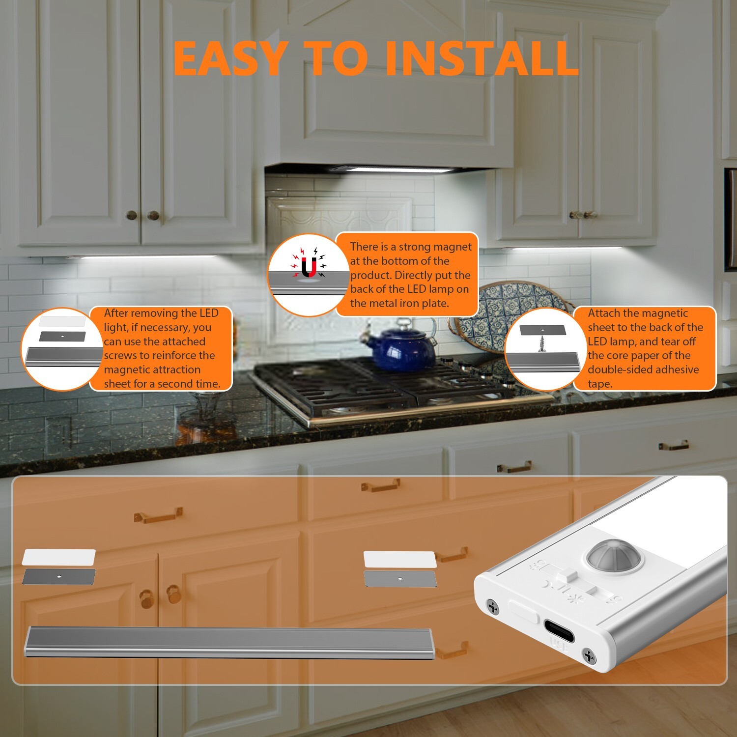 106 LED Under Cabinet Closet Light Motion Sensor USB Rechargeable Kitchen Lamp