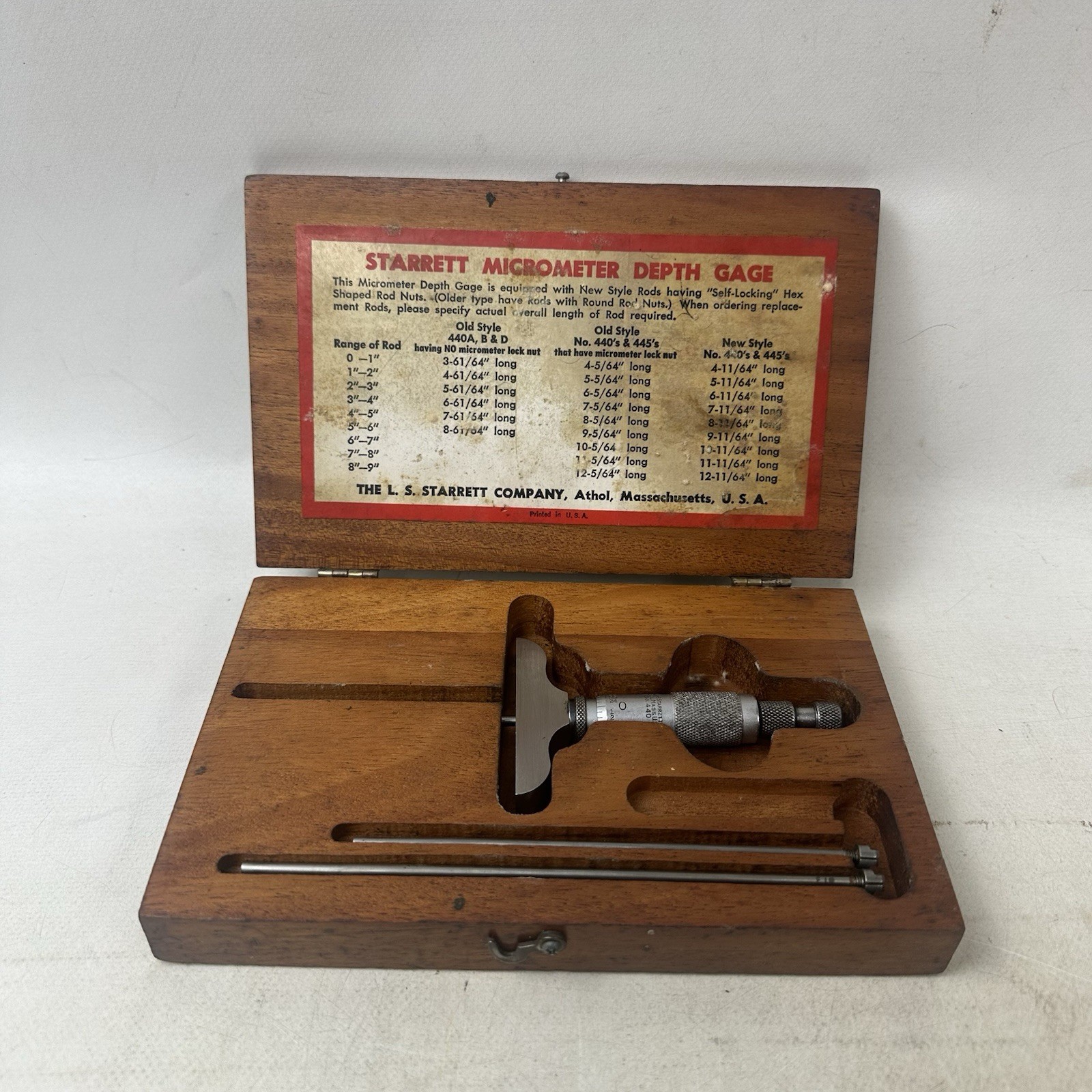 Starrett No.440 Depth Micrometer Vintage Wooden Case 3 Pieces Missing Wrench