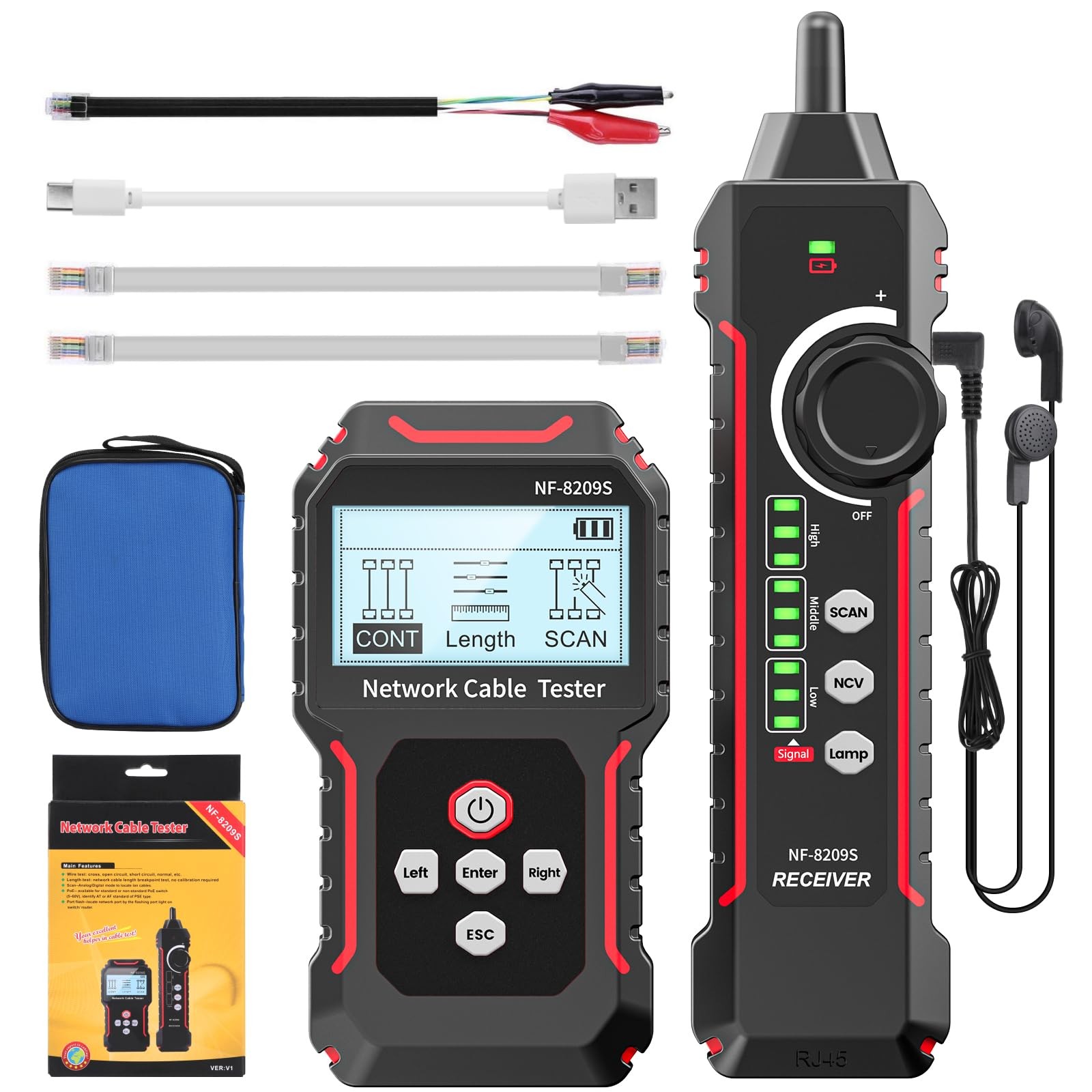 RJ45 Network Cable Tester and Tracer, VXSCAN NF-8209S Ethernet AI01, black