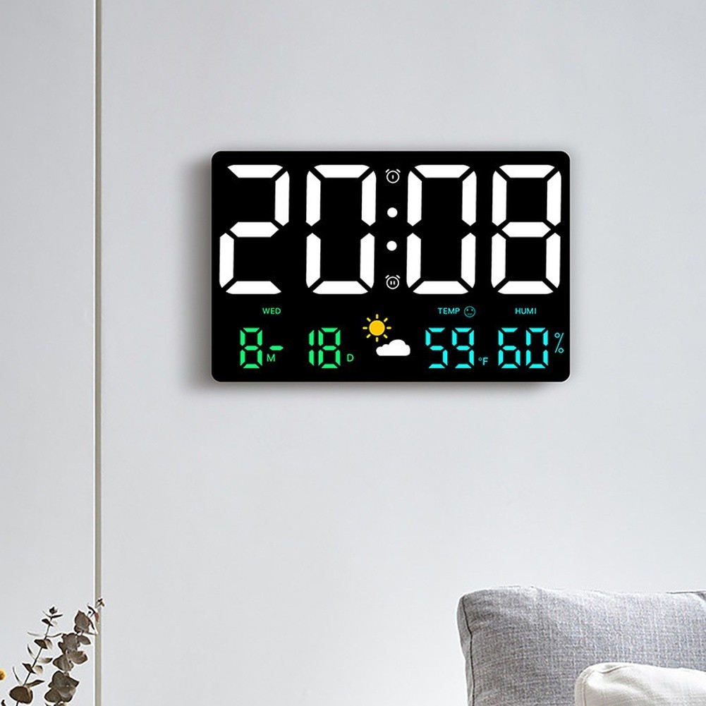LED Wall Clock with Temperature Humidity Weather Forecast Calendar 24.8x15.8cm