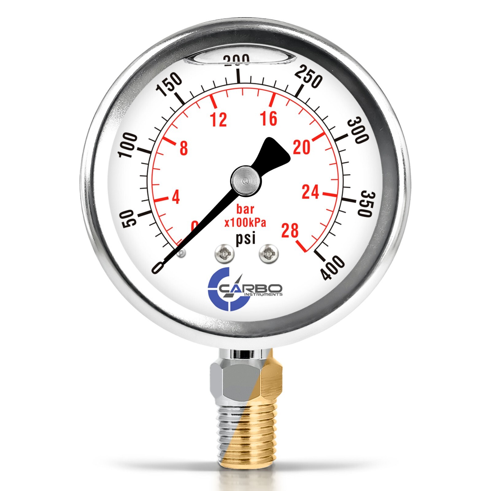 2.5" LIQUID FILLED PRESSURE GAUGE 0 - 400 PSI, STAINLESS STEEL CASE LOWER MOUNT