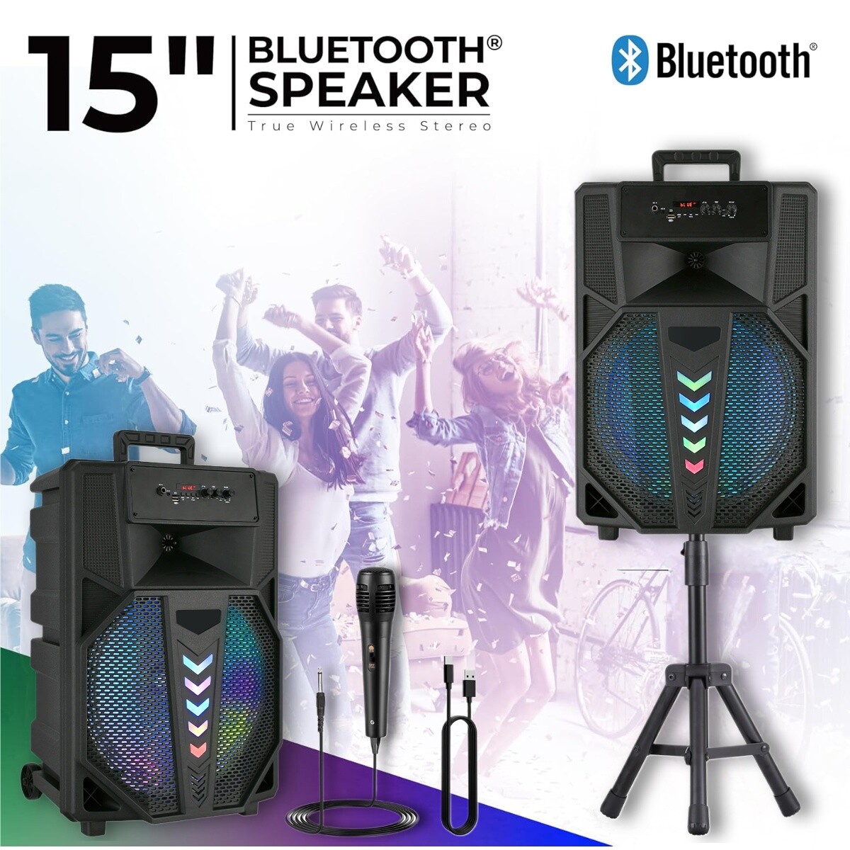 10000W 15" Woofer Portable Bluetooth Party Speaker Heavy Bass Sound Mic & Stand