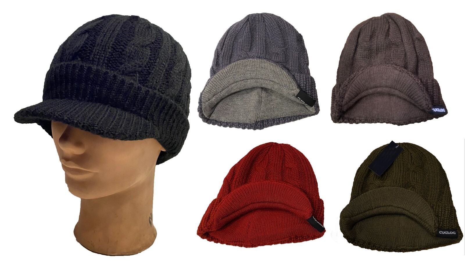 WHOLESALE LOT 12 PCS Mens Winter Knit Cap Snowboad Ski Knit Beanie Visor Cap Hat