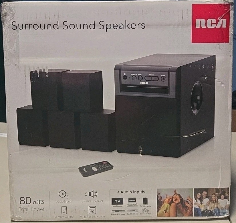 RCA RT151 5.1 Channel Home Theater System, 80 Watts, 5 Sat Speakers New Open Box