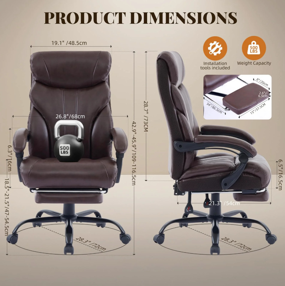 500lbs Big and Tall Office Chair Wide Ergonomic Computer Desk Chair Adjustable