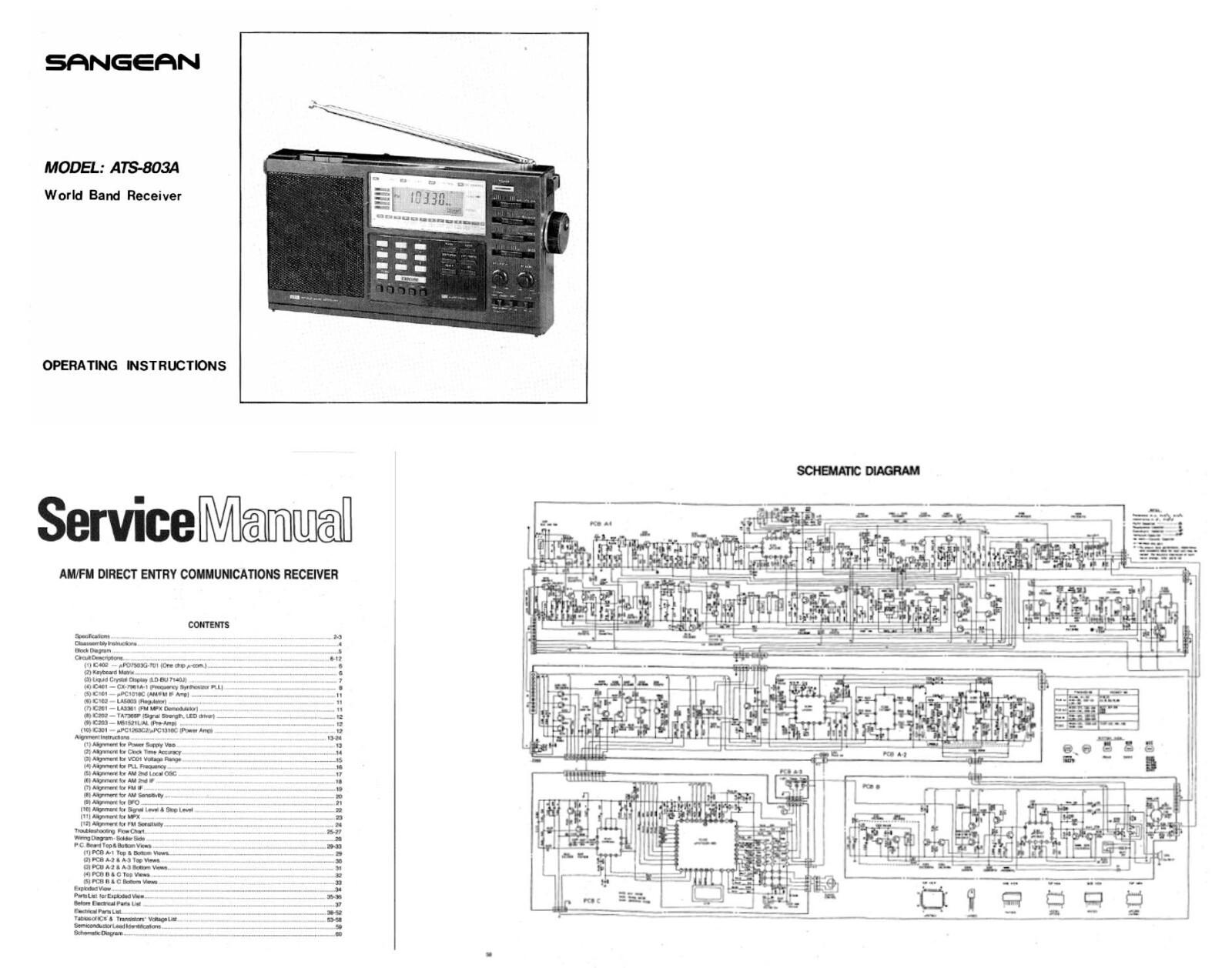 SANGEAN ATS-803A OPERATING MANUAL + SERVICE MANUAL - 32LB PAPER + 100LB COVERS