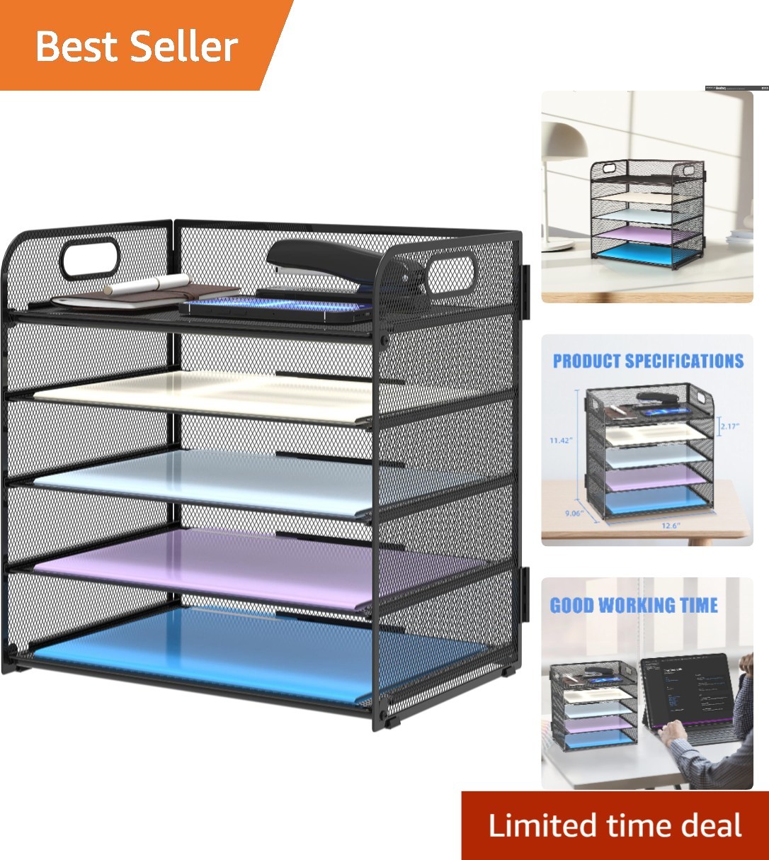 Elegant 5 Tray Metal Paper Organizer with Handle - Versatile Desk File Solution