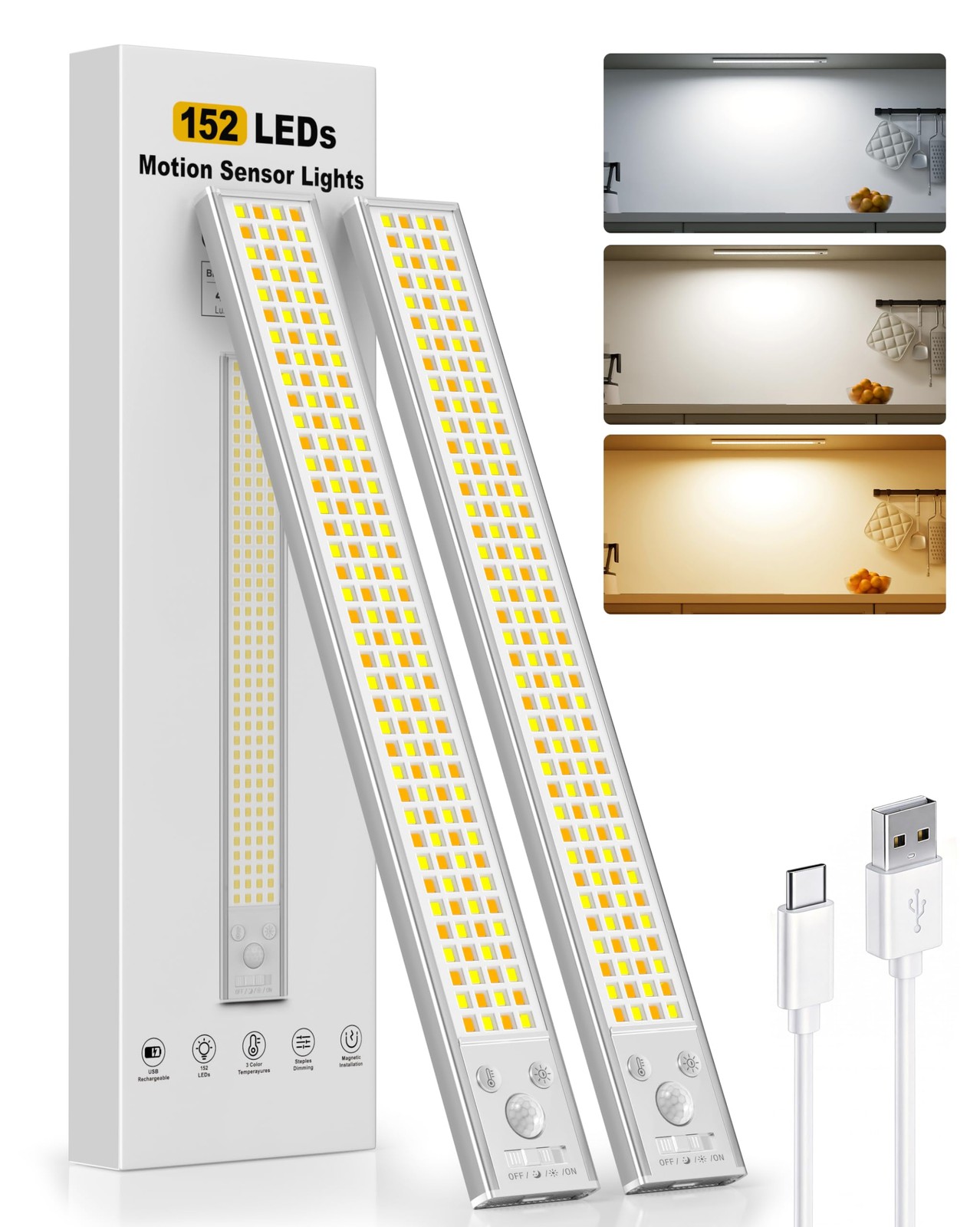 2 Pack 12 Inch Motion Sensor Under Cabinet Lights USB Rechargeable 152 LED
