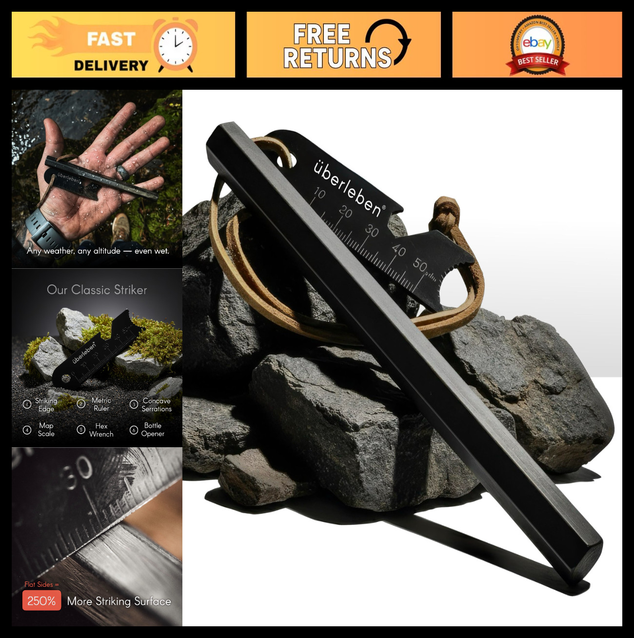 Survival Ferro Rod Fire Starter Tool - 20,000 Strikes, Waterproof, Multi-Tool La
