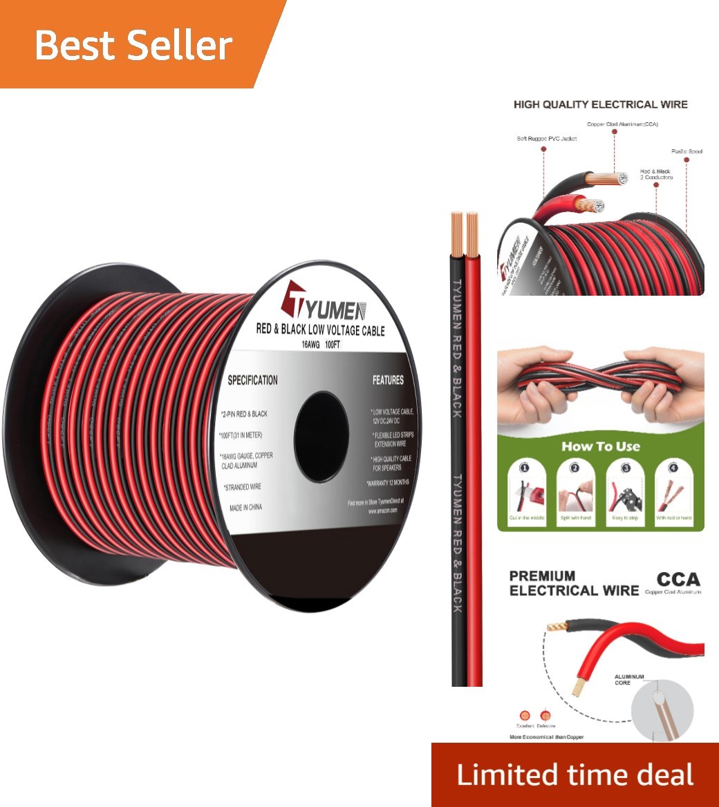 Flexible 16 Gauge 100FT Dual Color Wire - Ideal for LED Strips & Installations