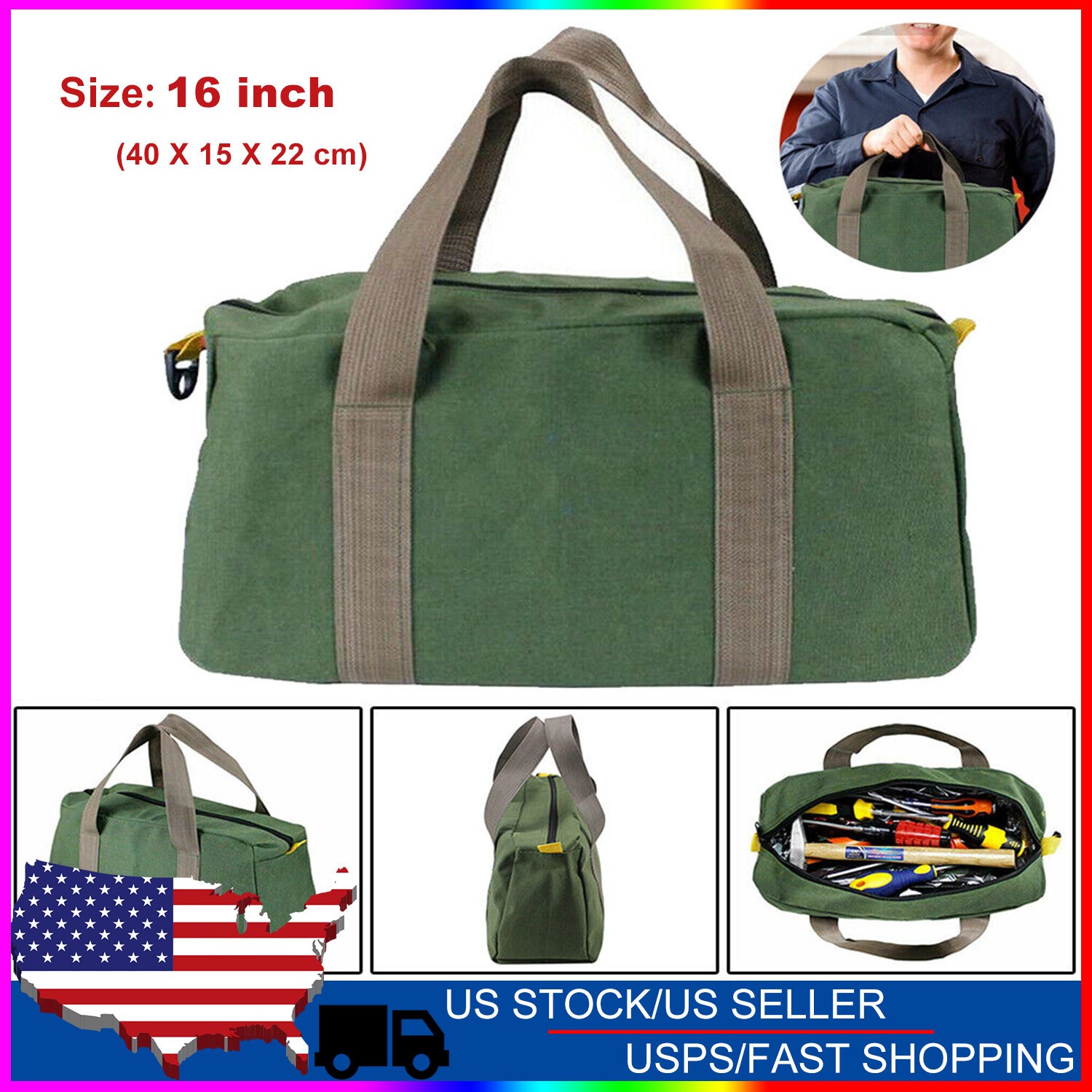 16" Green Military Canvas Heavy Duty Mechanics Zipper Tool Storage Bag