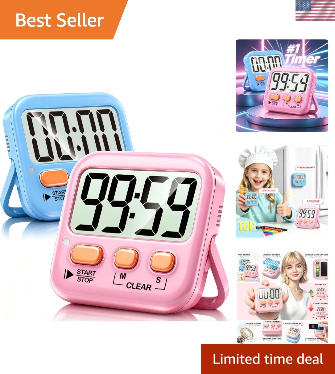 Versatile 2-Pack Digital Timers for Cooking and Kids - Batteries Included