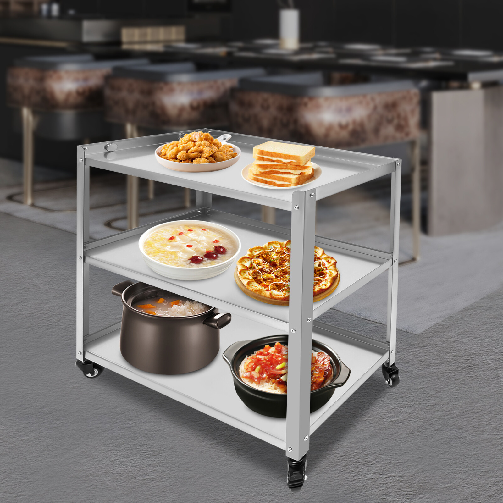 3 Tier Kitchen Trolley Utility Cart Serving Storage Rolling Cart Stainless Steel