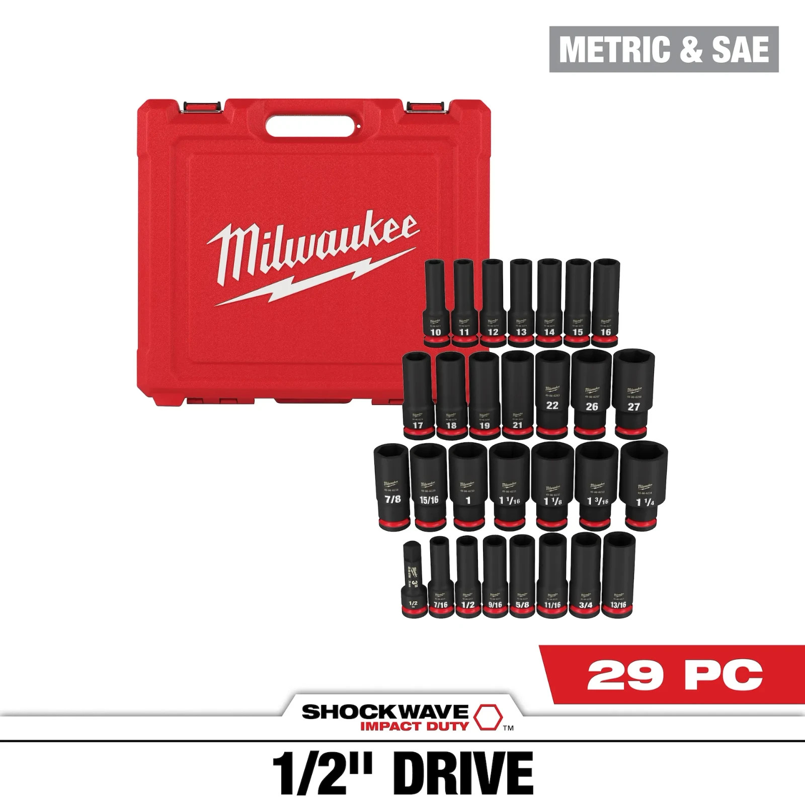 Milwaukee 49-66-7016 Shockwave Metric & SAE 29 piece 1/2 Dr Impact Socket Set