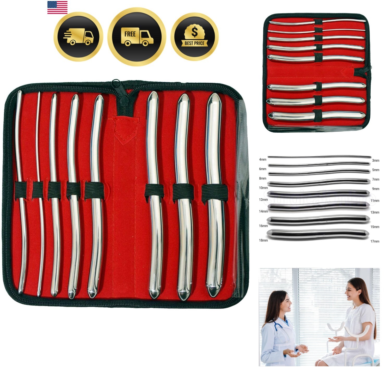 8 Hegar Medical Dilator Sounds Set 7.5inch Double Ended Instrument Double Ended