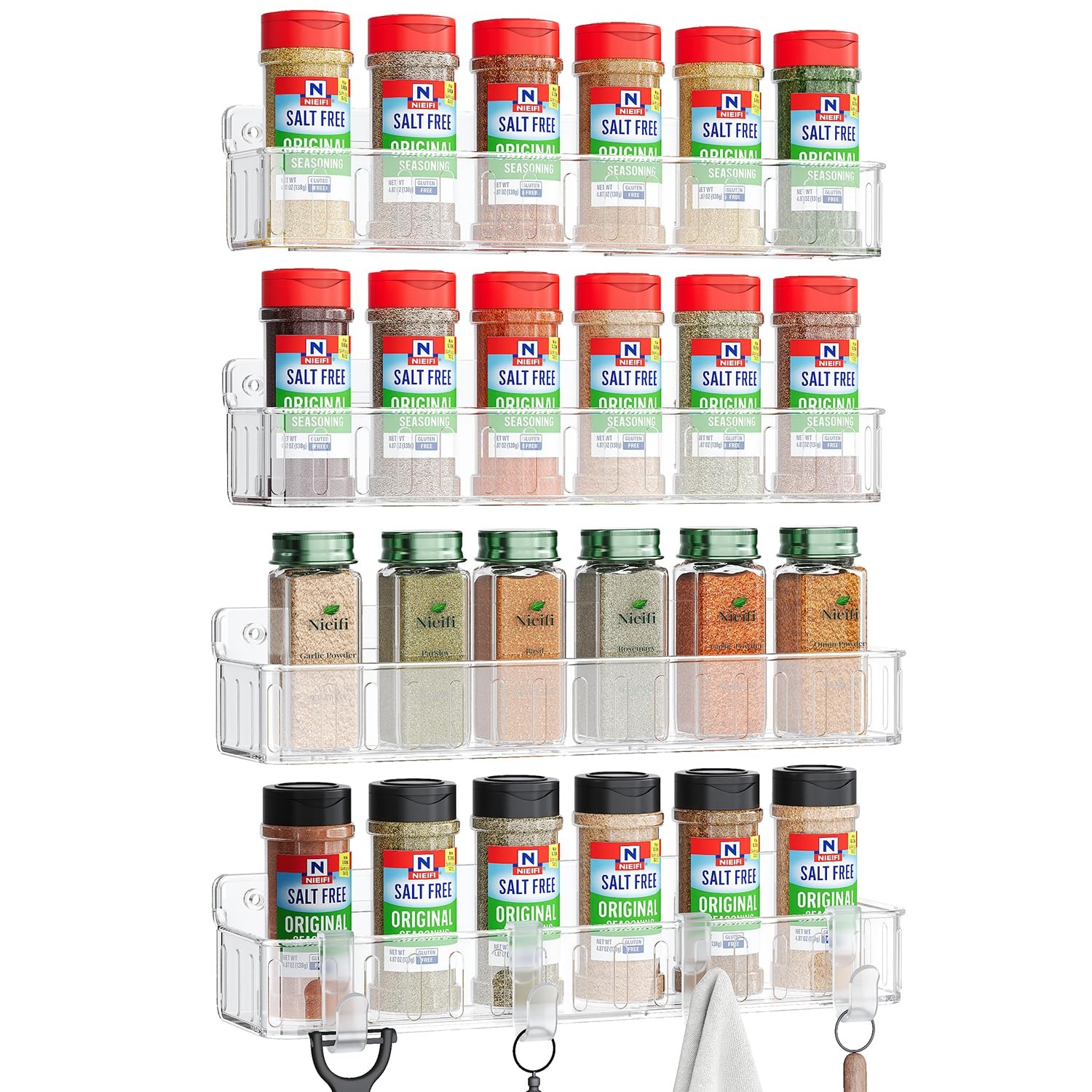 Wall Mount Spice Rack Organizer, 4 Pack, Clear, Adhesive or Screw Mount