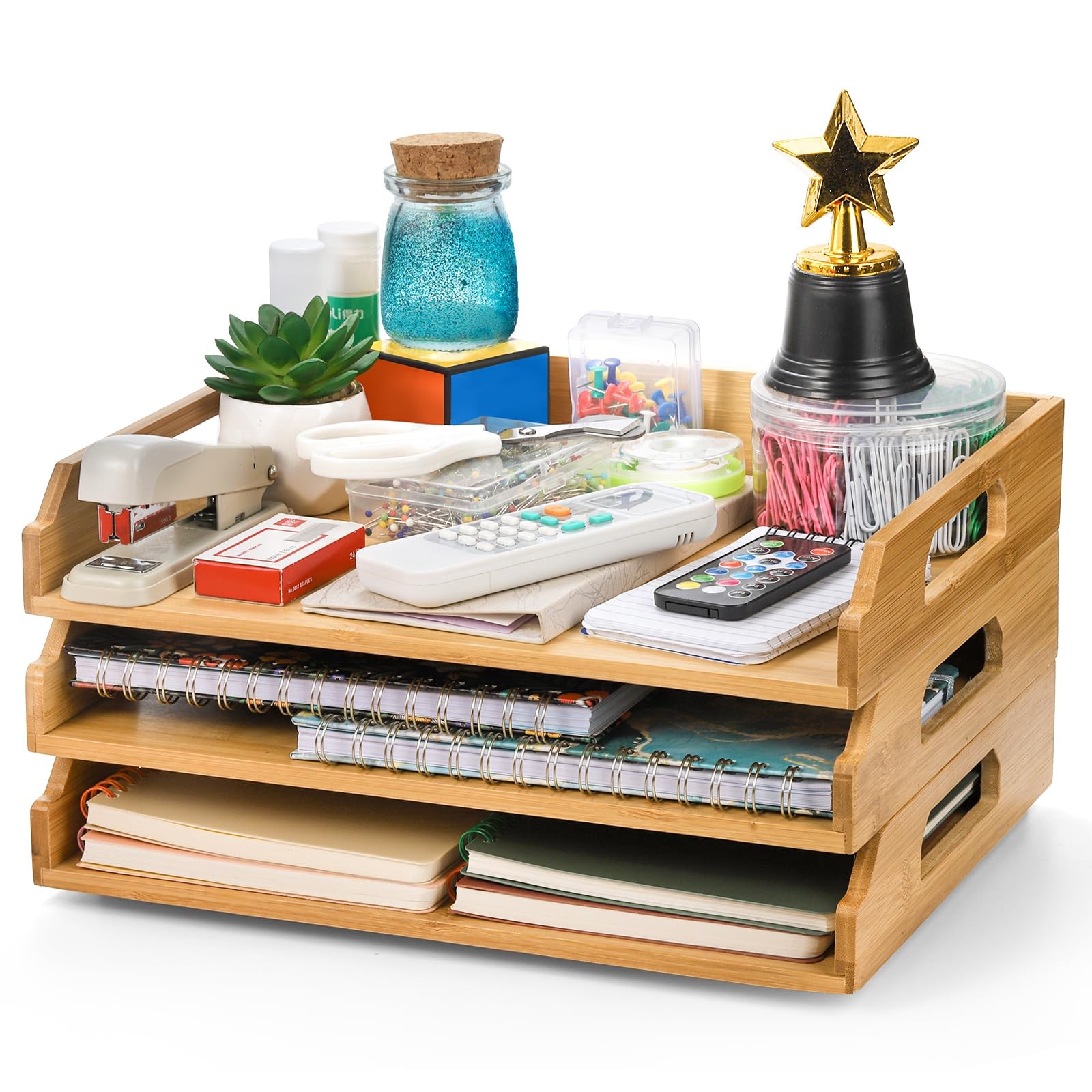 Bamboo Stackable Paper Trays 3 Tier Desk File Organizer for A4 Papers