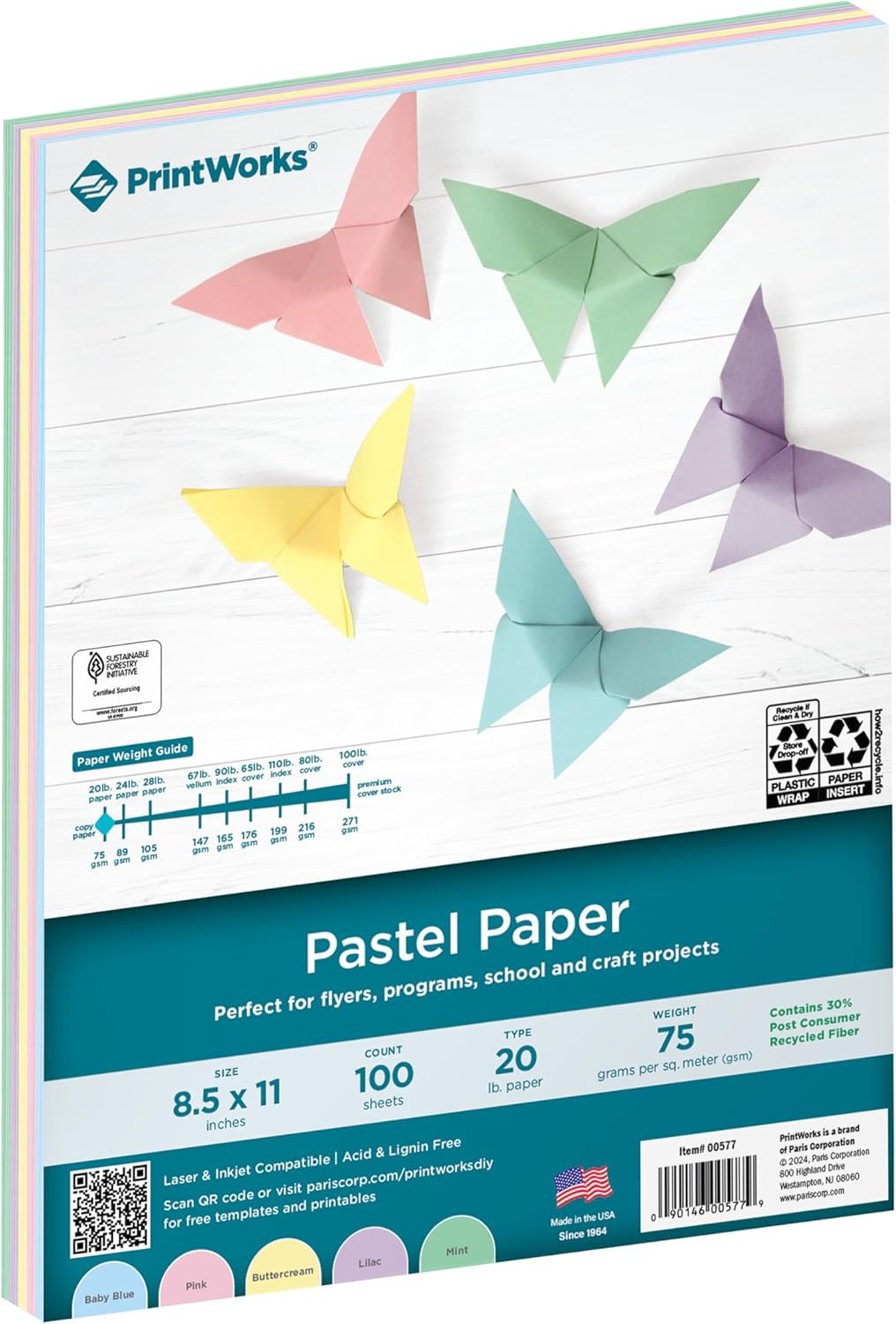 Pastel Paper 8.5" X 11" - 100 Sheets - 5 Assorted Pastel Colors - 30% Recycled C