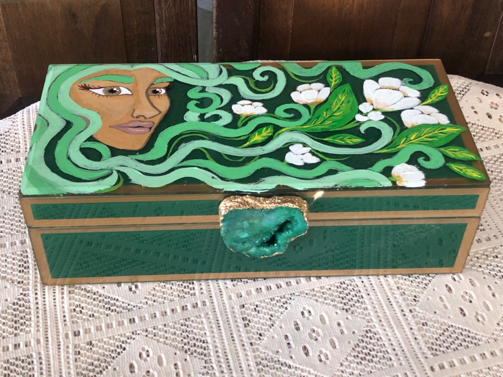 Vintage Green & Gold Hand Painted Glass and Wood Jewelry Box with Crystal Handle