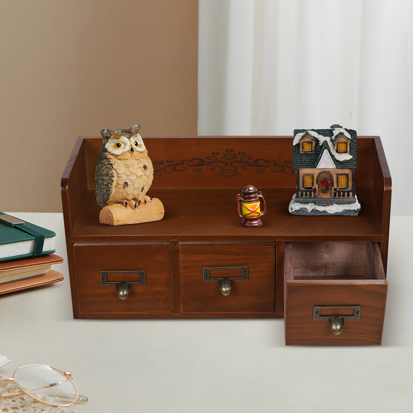 Retro 3 Drawers Wood Desktop Storage Cabinet Cosmetic Jewelry Organizing Cabinet