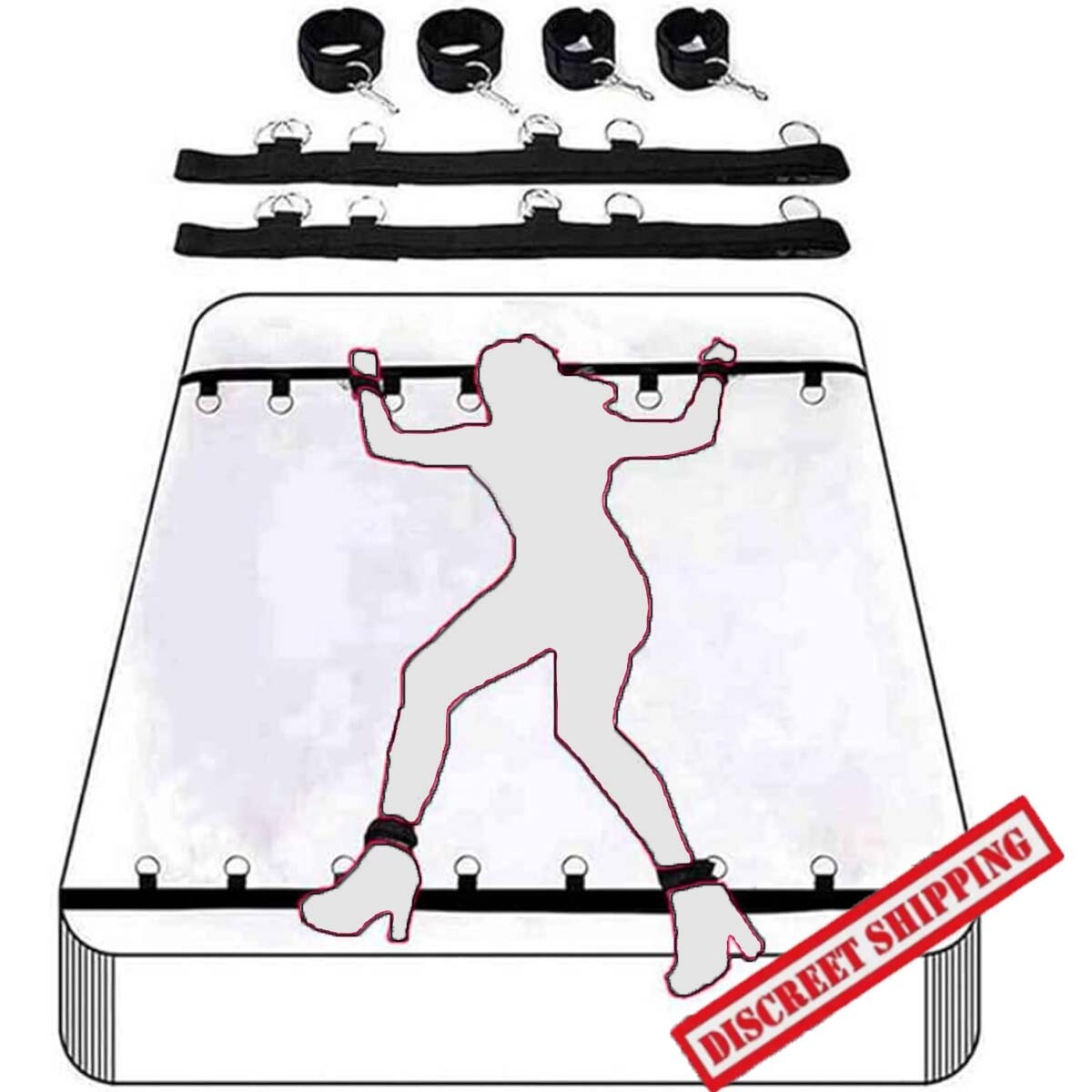 Bed Restraint Harness Set Handcuffs Ankle Cuffs Strap Kit 7-ring Adjustable BDSM