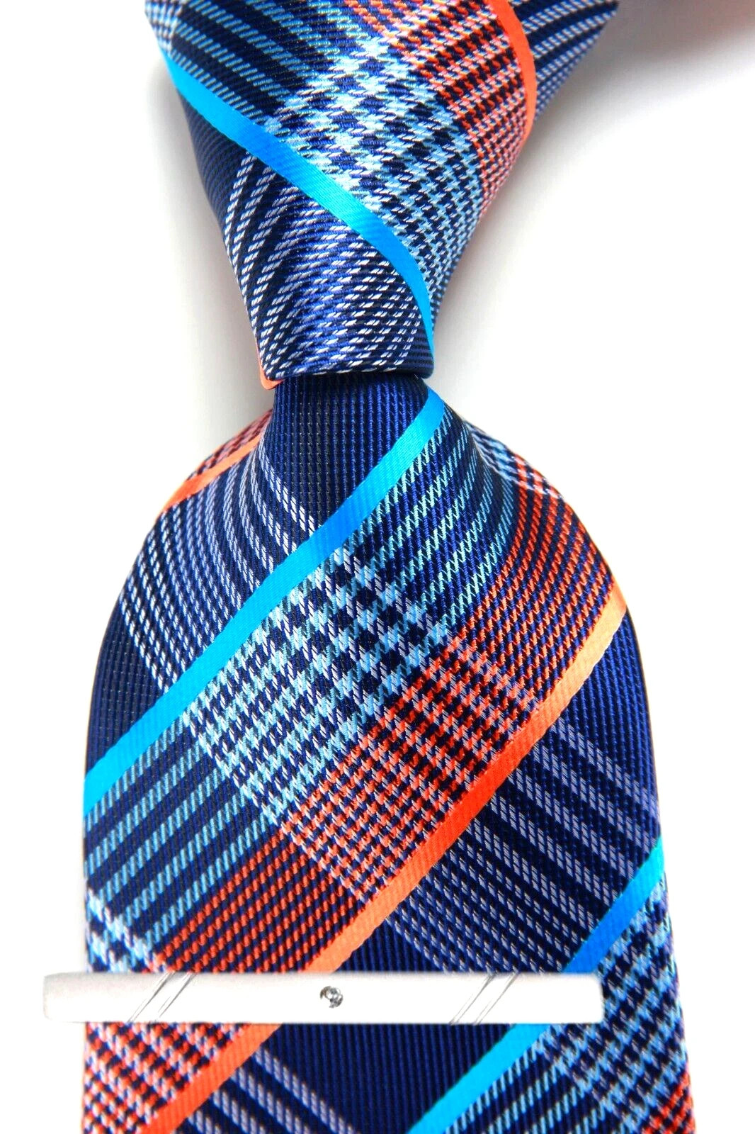 New Classic Checks Plaids Blue Orange JACQUARD WOVEN 100% Silk Men's Necktie Tie