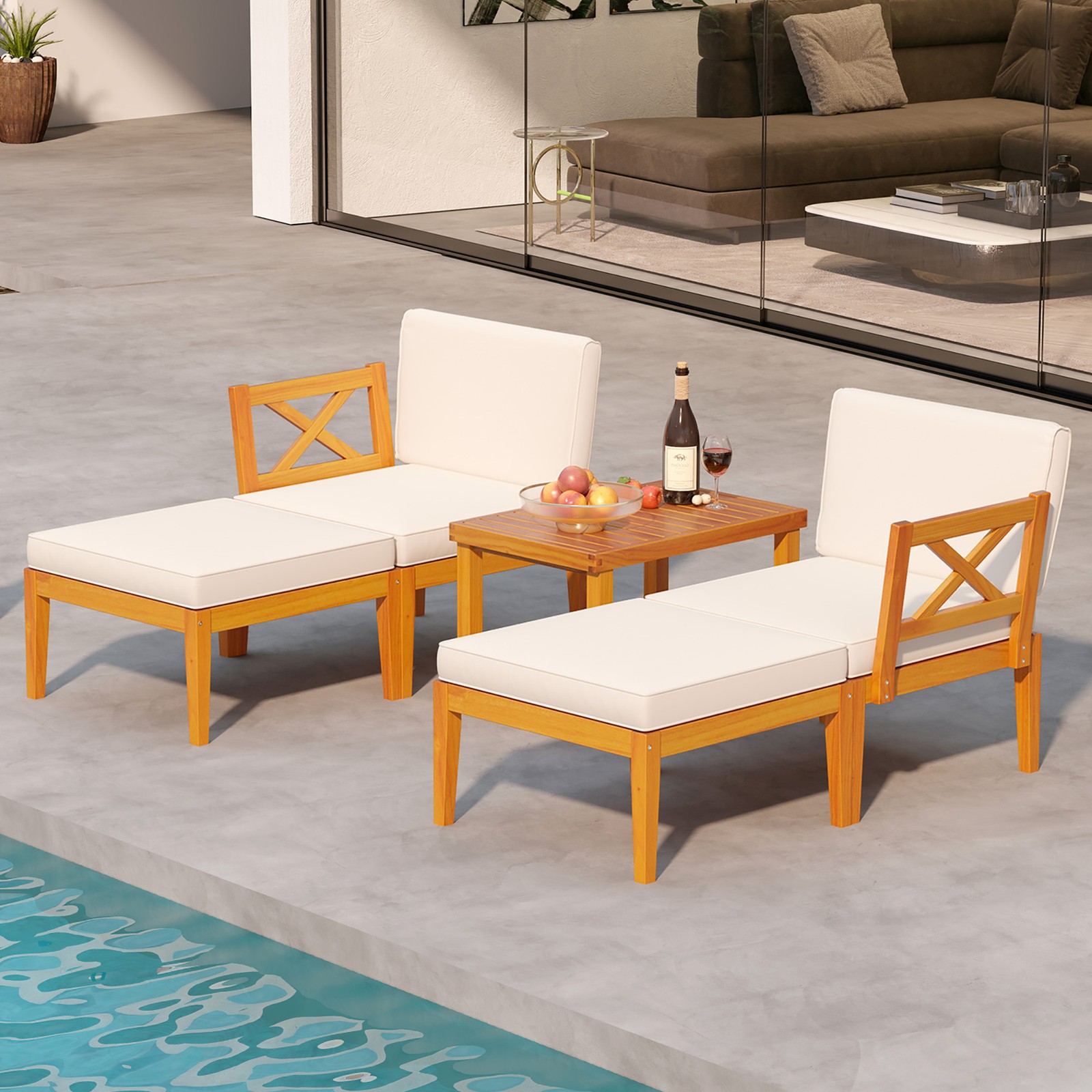 5 PCS Acacia Wood Patio Chaise Lounge Chair Set w/ 2-Tier Coffee Table Cushions