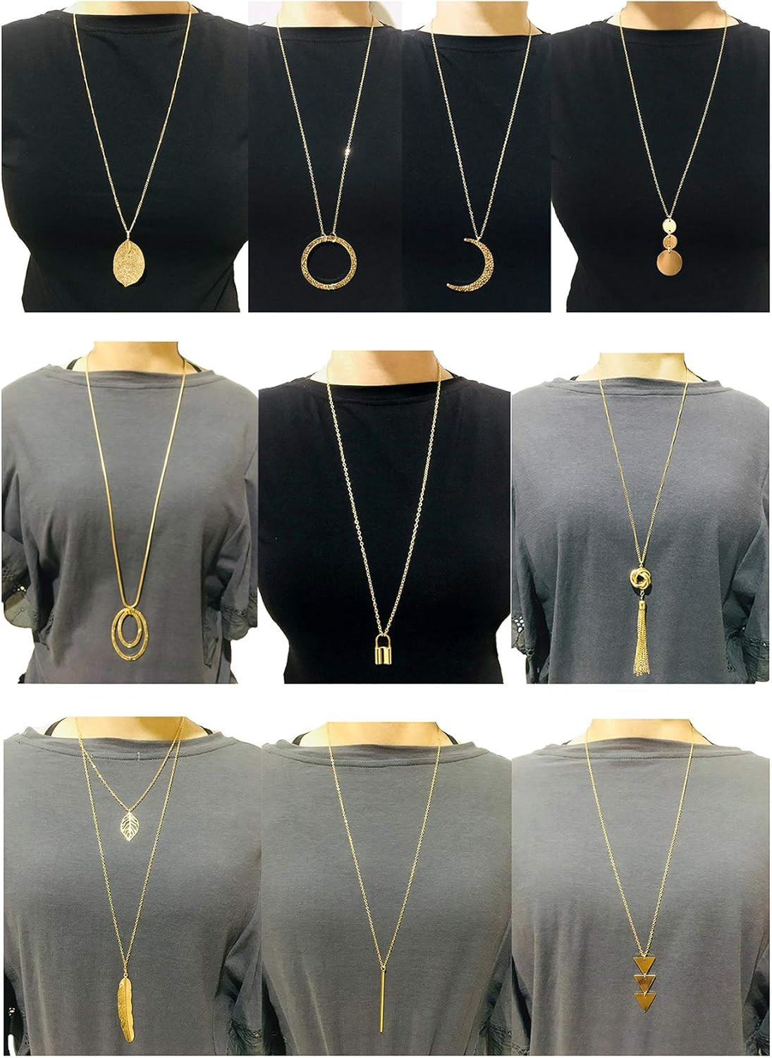 10Pcs Long Pendant Necklace Simple Moon Bar Three Triangle Tassel Lock Sweater Y