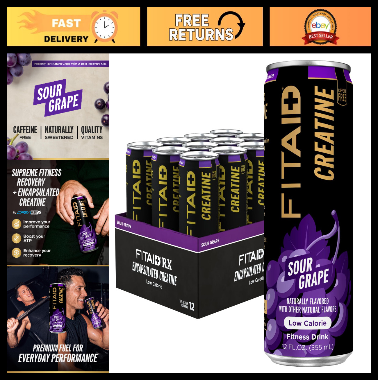 12-Pack Sour Grape Recovery Drink - Creatine, BCAAs, Glucosamine, Electrolytes
