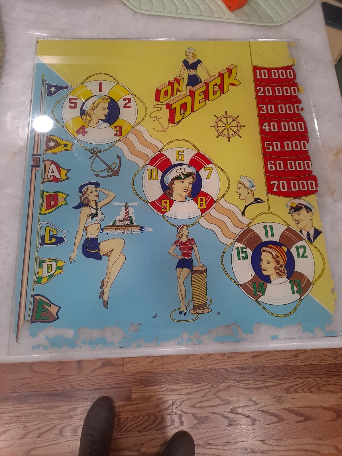 GOTTLIEB,S, ON DECK, Original Pinball Machine BACK GLASS, 1964
