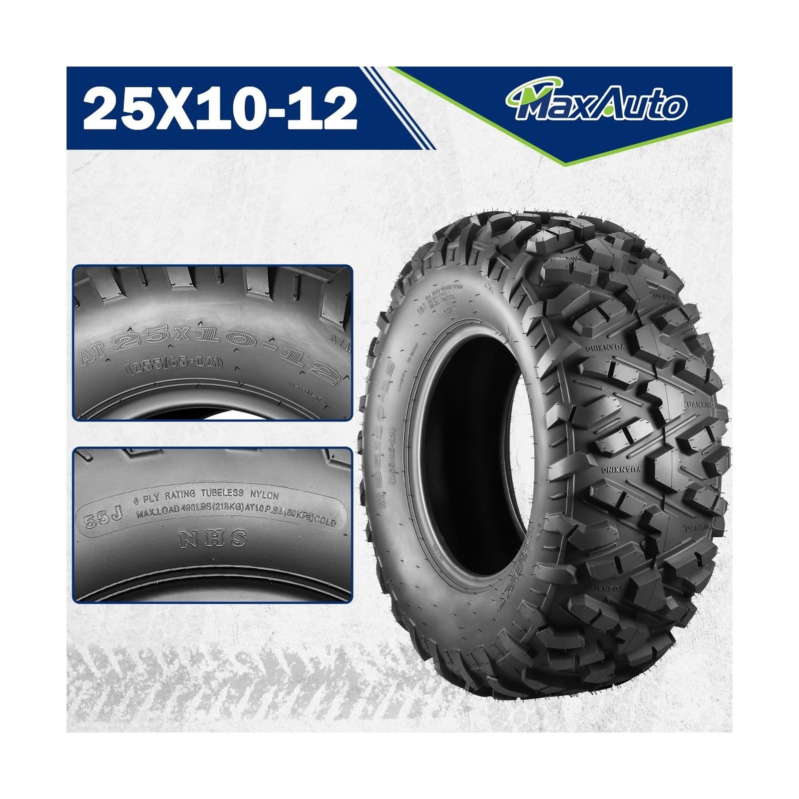MaxAuto Set of 2 AT25x10-12 ATV UTV Mud Sand Tires,25x10x12 All-Terrain Off-R...
