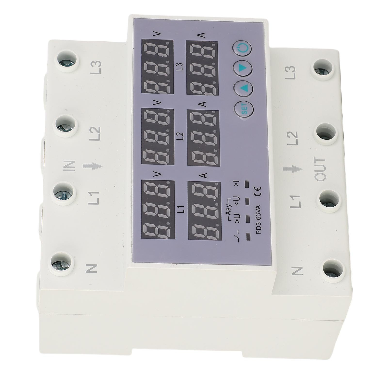 63A 3 Phase DIN Rail Voltmeter Ammeter Auto Overvoltage Overcurrent Protector AC