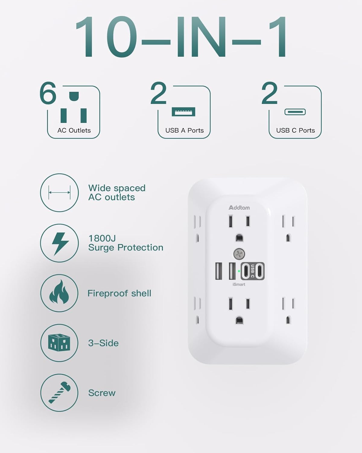 Addtam Surge Protector Outlet Extender, 6-Outlet Splitter with 4 USB Wall Charge