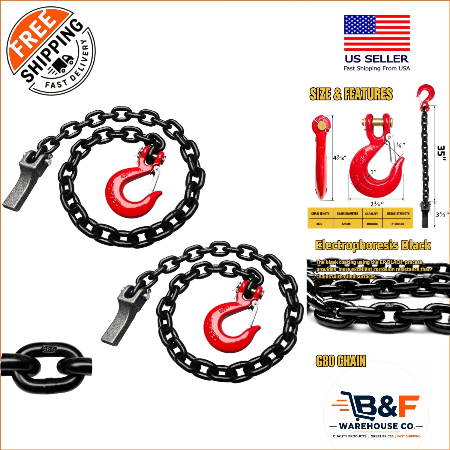 Reliable 35-Inch Tow Chains - 2-Pack, Grade 80 with 21,000 lbs Break Strength