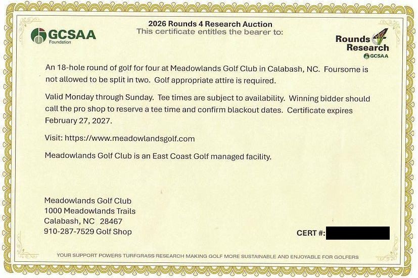 Meadowlands Golf Club, Myrtle Beach,  Golf Voucher , Rain Check
