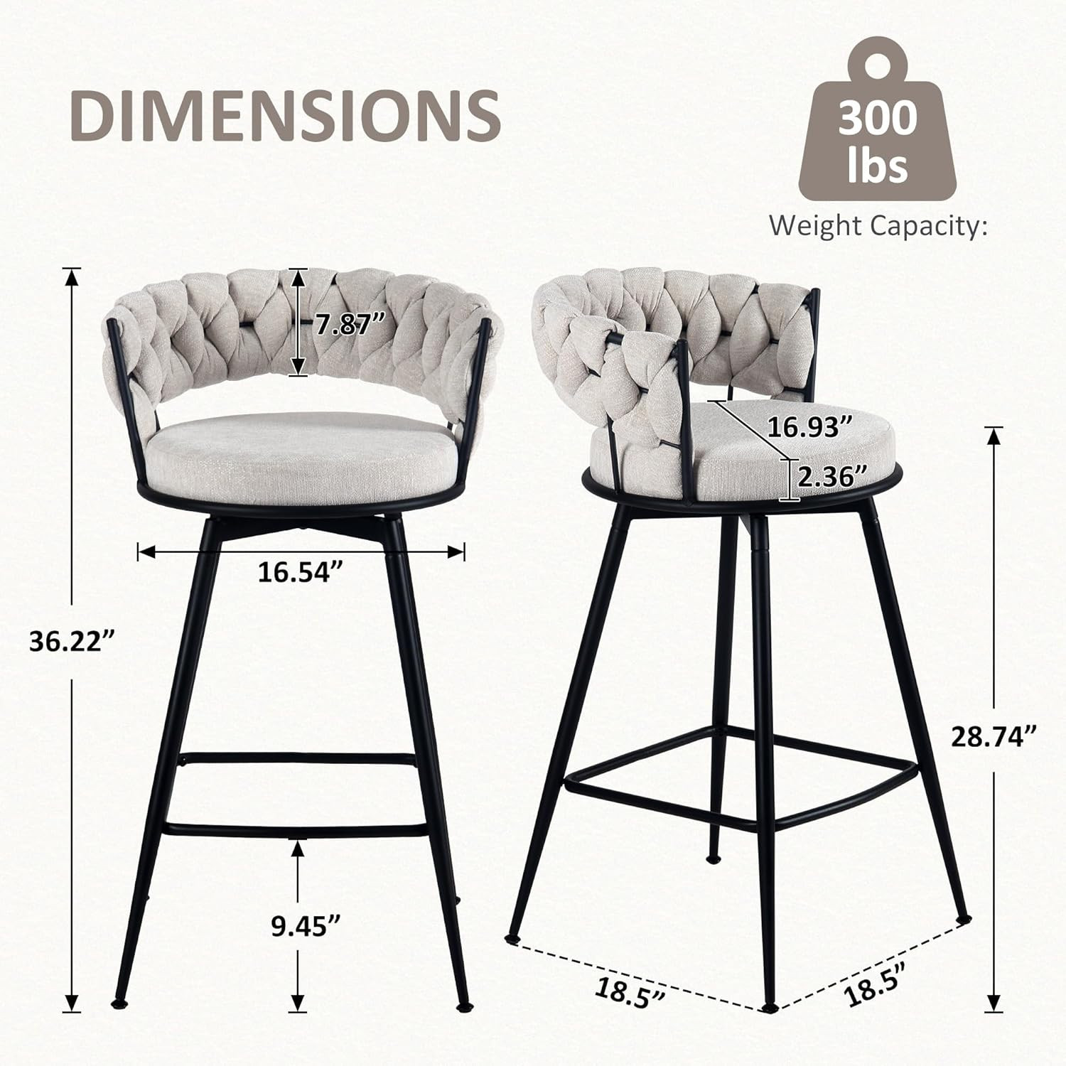 28.7" Swivel Bar Stools Set of 2 with Woven Back & Arm - Beige