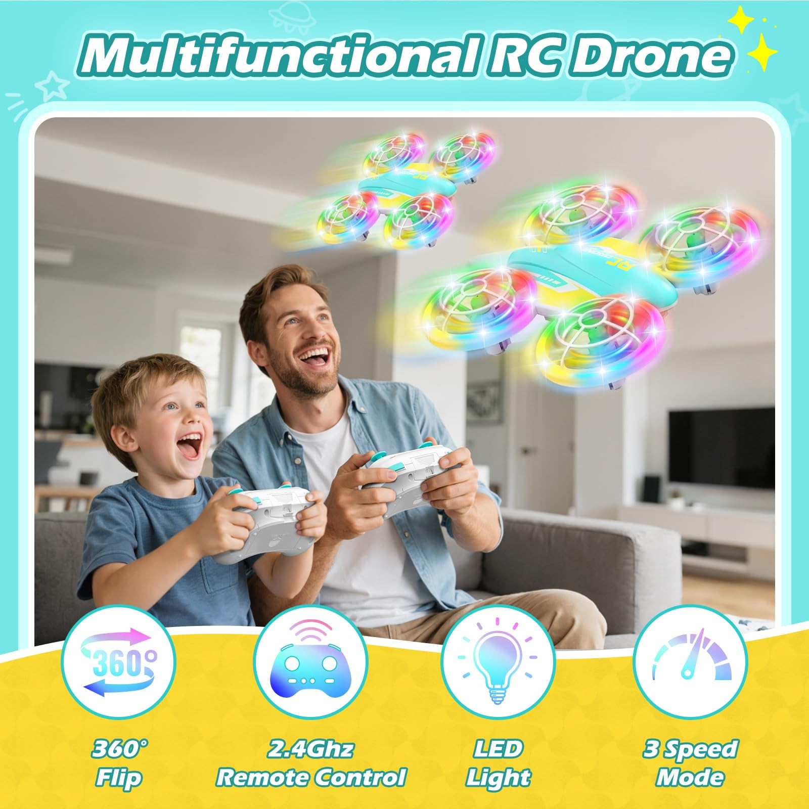 FUNPX LED RC Drone for Kids 6+, Christmas 3.2 x 5.3 x inches, Blue Yellow