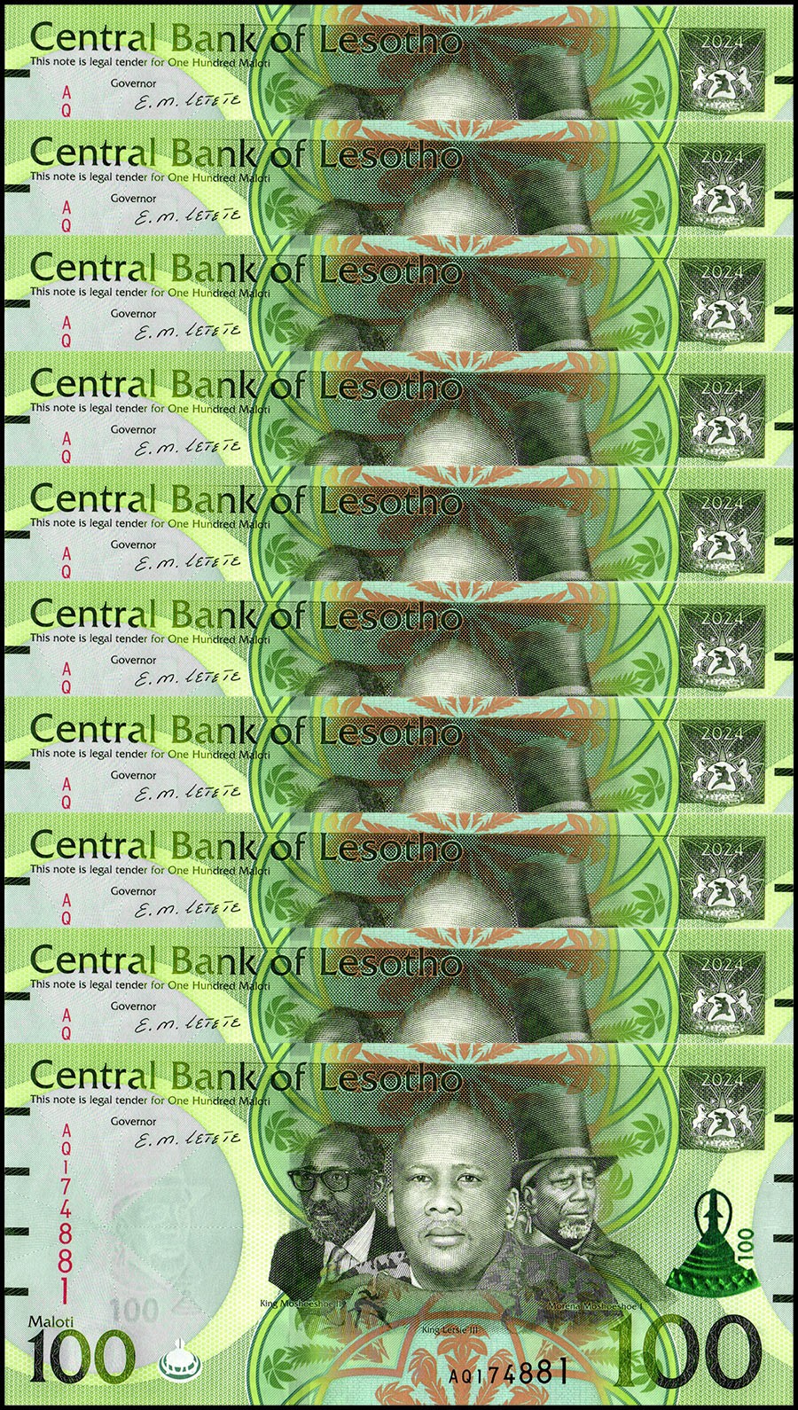 Lesotho 100 Maloti, 2024, P-29b, UNC X 10 PCS